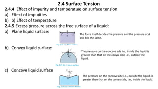 2.4 Surface Tension
2.4.4 Effect of impurity and temperature on surface tension:
a) Effect of impurities
b) b) Effect of temperature
2.4.5 Excess pressure across the free surface of a liquid:
a) Plane liquid surface:
b) Convex liquid surface:
c) Concave liquid surface
The force itself decides the pressure and the pressure at A
and B is the same.
The pressure on the concave side i.e., inside the liquid is
greater than that on the convex side i.e., outside the
liquid.
The pressure on the concave side i.e., outside the liquid, is
greater than that on the convex side, i.e., inside the liquid.
 