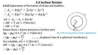 2.4 Surface Tension
2.4.6 Explanation of formation of drops and bubbles:
𝑑𝐴 = 𝐴2 − 𝐴1 = 8π𝑟∆𝑟
∴ 𝑑𝑊 = 𝑇 𝑑𝐴 = 𝑇 8π𝑟∆𝑟
∴ 𝑑𝑊 = 𝐹 ∆𝑟
Excess force = Excess pressure x Surface area
𝒑𝒊 − 𝒑𝟎 4 𝜋 𝑟2 ∆𝑟 = 𝑇(8𝜋𝑟∆𝑟)
∴ 𝒑𝒊 − 𝒑𝟎 =
𝟐 𝑻
𝒓
…………(Laplace’s law of a spherical membrane.)
For a bubble, 𝑑𝐴 = 2 (8𝜋𝑟∆𝑟)
𝑑𝑊 = 𝒑𝒊 − 𝒑𝟎 4 𝜋 𝑟2 ∆𝑟 = 𝑇 (16𝜋𝑟∆𝑟)
∴ 𝒑𝒊 − 𝒑𝟎 =
𝟒 𝑻
𝒓
 