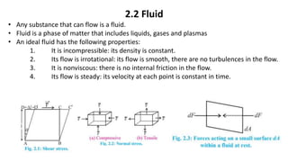 2.2 Fluid
• Any substance that can flow is a fluid.
• Fluid is a phase of matter that includes liquids, gases and plasmas
• An ideal fluid has the following properties:
1. It is incompressible: its density is constant.
2. Its flow is irrotational: its flow is smooth, there are no turbulences in the flow.
3. It is nonviscous: there is no internal friction in the flow.
4. Its flow is steady: its velocity at each point is constant in time.
 