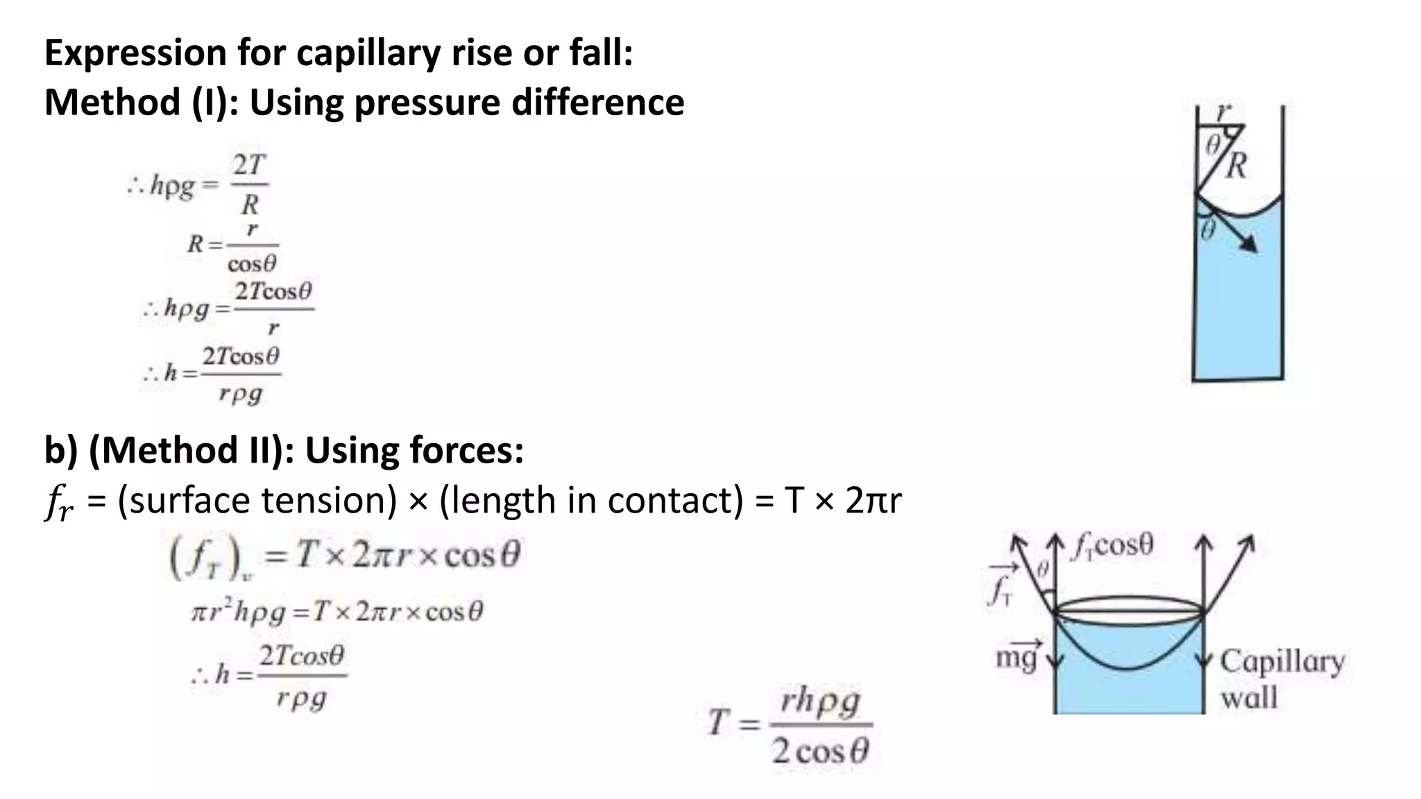 Expression for capillary rise or fall:
Method (I): Using pressure difference
b) (Method II): Using forces:
𝑓𝑟 = (surface tension) × (length in contact) = T × 2πr
 