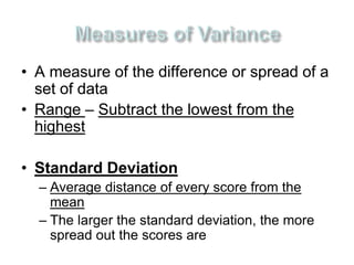 • A measure of the difference or spread of a 
set of data 
• Range – Subtract the lowest from the 
highest 
• Standard Deviation 
– Average distance of every score from the 
mean 
– The larger the standard deviation, the more 
spread out the scores are 
 