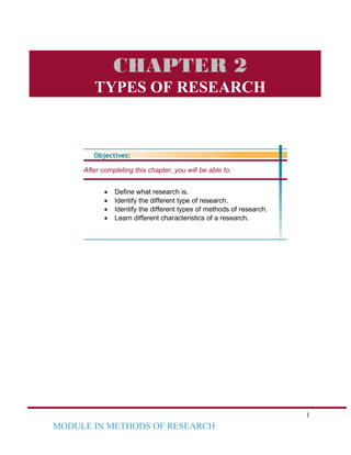 1
MODULE IN METHODS OF RESEARCH
Objectives:
After completing this chapter, you will be able to:
• Define what research is.
• Identify the different type of research.
• Identify the different types of methods of research.
• Learn different characteristics of a research.
CHAPTER 2
TYPES OF RESEARCH
 