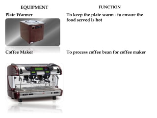 EQUIPMENT FUNCTION
Plate Warmer To keep the plate warm - to ensure the
food served is hot
Coffee Maker To process coffee bean for coffee maker
 