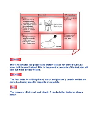 Direct heating for the glucose and protein tests is not carried out but a
water bath is used instead. This is because the contents of the test tube will
spill out if it is directly heated.
The food tests for carbohydrate ( starch and glucose ), protein and fat are
carried out using specific reagents or materials.
The presence of fat or oil, and vitamin C can be futher tested as shown
below.
 