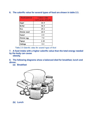 6. The calorific value for several types of food are shown in table 2.3.
7. A food intake with a higher calorific value than the total energy needed
by the body can cause
obesity.
8. The following diagrams show a balanced died for breakfast, lunch and
dinner.
(a) Breakfast
(b) Lunch
 