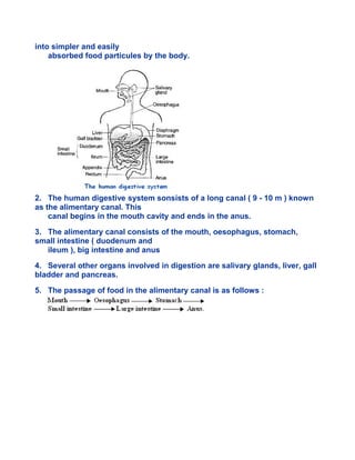 into simpler and easily
absorbed food particules by the body.
2. The human digestive system sonsists of a long canal ( 9 - 10 m ) known
as the alimentary canal. This
canal begins in the mouth cavity and ends in the anus.
3. The alimentary canal consists of the mouth, oesophagus, stomach,
small intestine ( duodenum and
ileum ), big intestine and anus
4. Several other organs involved in digestion are salivary glands, liver, gall
bladder and pancreas.
5. The passage of food in the alimentary canal is as follows :
 
