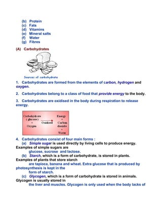 (b) Protein
(c) Fats
(d) Vitamins
(e) Mineral salts
(f) Water
(g) Fibres
(A) Carbohydrates
1. Carbohydrates are formed from the elements of carbon, hydrogen and
oxygen.
2. Carbohydrates belong to a class of food that provide energy to the body.
3. Carbohydrates are oxidised in the body during respiration to release
energy.
4. Carbohydrates consist of four main forms :
(a) Simple sugar is used directly by living cells to produce energy.
Examples of simple sugars are
glucose, sucrose and lactose.
(b) Starch, which is a form of carbohydrate, is stored in plants.
Examples of plants that store starch
are tapioca, banana and wheat. Extra glucose that is produced by
photosynthesis is kept in the
form of starch.
(c) Glycogen, which is a form of carbohydrate is stored in animals.
Glycogen is usually stored in
the liver and muscles. Glycogen is only used when the body lacks of
 