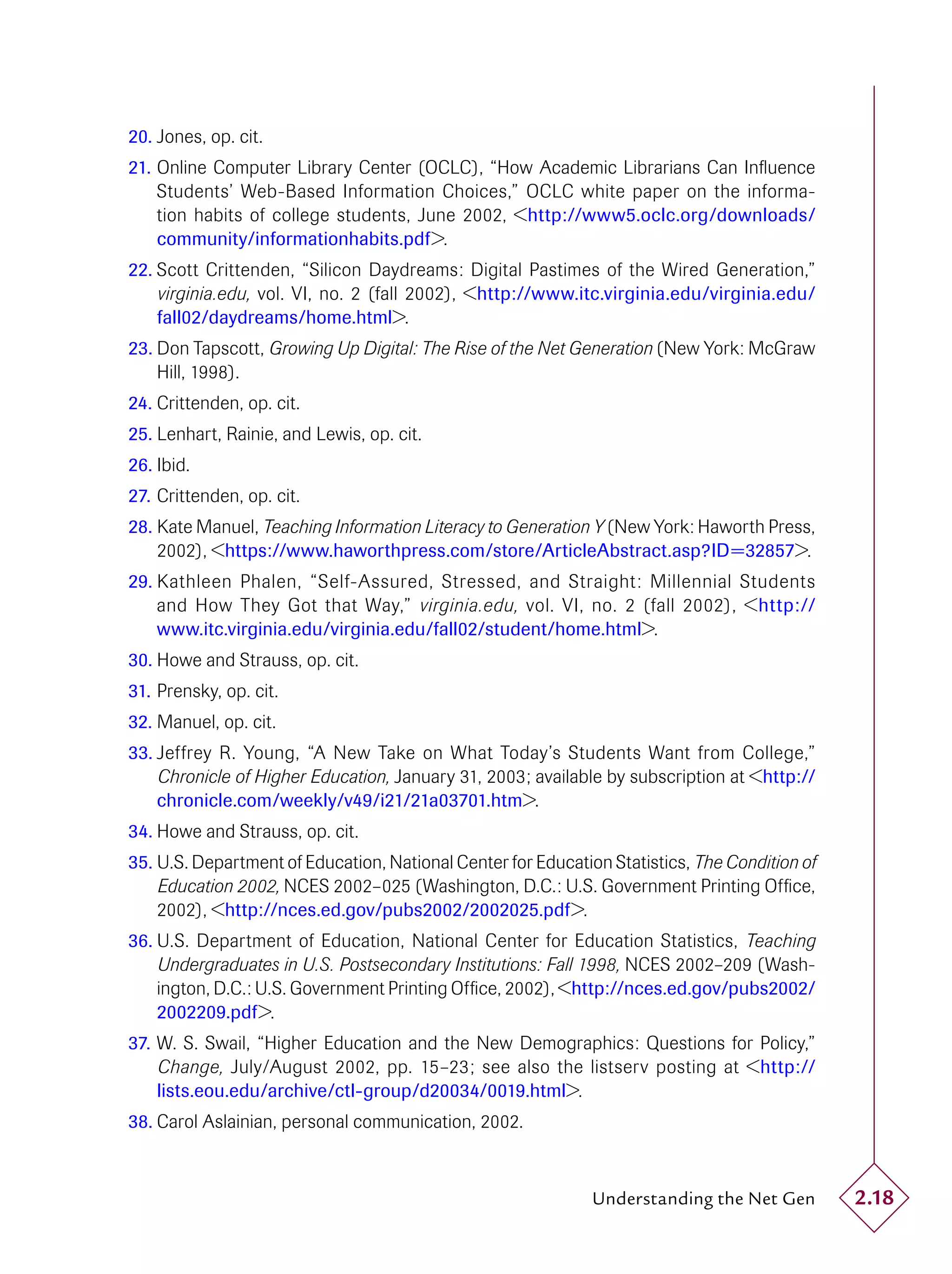 20. Jones, op. cit.
21. Online Computer Library Center (OCLC), “How Academic Librarians Can Inﬂuence
    Students’ Web-Based Information Choices,” OCLC white paper on the informa-
    tion habits of college students, June 2002, <http://www5.oclc.org/downloads/
    community/informationhabits.pdf>.
22. Scott Crittenden, “Silicon Daydreams: Digital Pastimes of the Wired Generation,”
    virginia.edu, vol. VI, no. 2 (fall 2002), <http://www.itc.virginia.edu/virginia.edu/
    fall02/daydreams/home.html>.
23. Don Tapscott, Growing Up Digital: The Rise of the Net Generation (New York: McGraw
    Hill, 1998).
24. Crittenden, op. cit.
25. Lenhart, Rainie, and Lewis, op. cit.
26. Ibid.
27. Crittenden, op. cit.
28. Kate Manuel, Teaching Information Literacy to Generation Y (New York: Haworth Press,
    2002), <https://www.haworthpress.com/store/ArticleAbstract.asp?ID=32857>.
29. Kathleen Phalen, “Self-Assured, Stressed, and Straight: Millennial Students
    and How They Got that Way,” virginia.edu, vol. VI, no. 2 (fall 2002), <http://
    www.itc.virginia.edu/virginia.edu/fall02/student/home.html>.
30. Howe and Strauss, op. cit.
31. Prensky, op. cit.
32. Manuel, op. cit.
33. Jeffrey R. Young, “A New Take on What Today’s Students Want from College,”
    Chronicle of Higher Education, January 31, 2003; available by subscription at <http://
    chronicle.com/weekly/v49/i21/21a03701.htm>.
34. Howe and Strauss, op. cit.
35. U.S. Department of Education, National Center for Education Statistics, The Condition of
    Education 2002, NCES 2002–025 (Washington, D.C.: U.S. Government Printing Ofﬁce,
    2002), <http://nces.ed.gov/pubs2002/2002025.pdf>.
36. U.S. Department of Education, National Center for Education Statistics, Teaching
    Undergraduates in U.S. Postsecondary Institutions: Fall 1998, NCES 2002–209 (Wash-
    ington, D.C.: U.S. Government Printing Ofﬁce, 2002), <http://nces.ed.gov/pubs2002/
    2002209.pdf>.
37. W. S. Swail, “Higher Education and the New Demographics: Questions for Policy,”
    Change, July/August 2002, pp. 15–23; see also the listserv posting at <http://
    lists.eou.edu/archive/ctl-group/d20034/0019.html>.
38. Carol Aslainian, personal communication, 2002.



                                                              Understanding the Net Gen        2.18
 