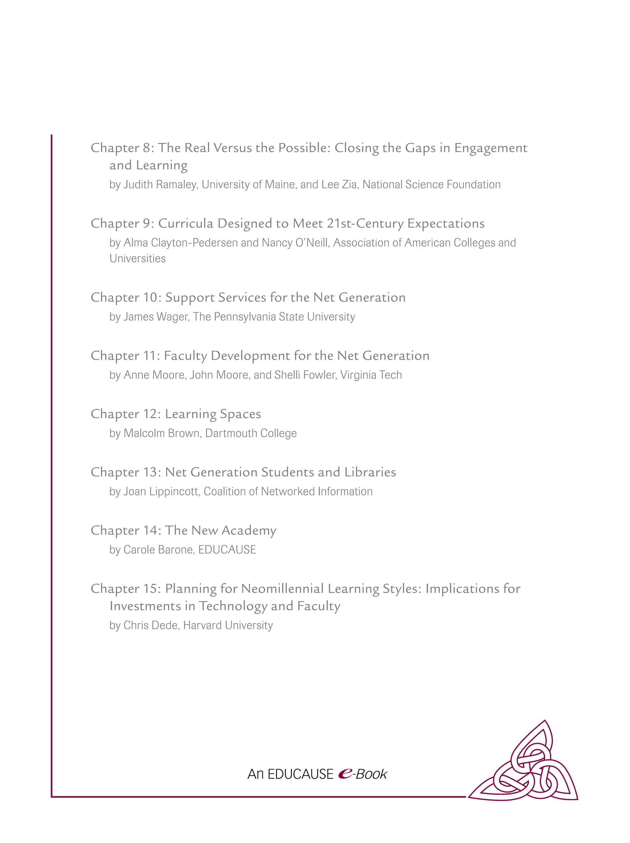 Chapter 8: The Real Versus the Possible: Closing the Gaps in Engagement
  and Learning
   by Judith Ramaley, University of Maine, and Lee Zia, National Science Foundation


Chapter 9: Curricula Designed to Meet 21st-Century Expectations
   by Alma Clayton-Pedersen and Nancy O’Neill, Association of American Colleges and
   Universities


Chapter 10: Support Services for the Net Generation
   by James Wager, The Pennsylvania State University


Chapter 11: Faculty Development for the Net Generation
   by Anne Moore, John Moore, and Shelli Fowler, Virginia Tech


Chapter 12: Learning Spaces
   by Malcolm Brown, Dartmouth College


Chapter 13: Net Generation Students and Libraries
   by Joan Lippincott, Coalition of Networked Information


Chapter 14: The New Academy
   by Carole Barone, EDUCAUSE


Chapter 15: Planning for Neomillennial Learning Styles: Implications for
  Investments in Technology and Faculty
   by Chris Dede, Harvard University
 