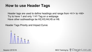 SEO Training bySession 2015/16
How to use Header Tags
Header tags are used to define headings and range from <h1> to <h6>
...