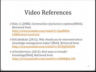 Video References
0 Dale, S. (2008). Communities of practices explained[Web].
Retrieved from
http://www.youtube.com/watch?v=2paN0Ox-
Ia0&feature=youtu.be
0 K3CubedLtd. (2012). Why should you be interested about
knowledge management today? [Web]. Retrieved from
http://www.youtube.com/watch?v=5iTPg5SrD2M
0 eClerxServices. (2012). Best ways to transfer
knowledge[Web]. Retrieved from
http://www.youtube.com/watch?v=cPNMQh6-I98
23
 