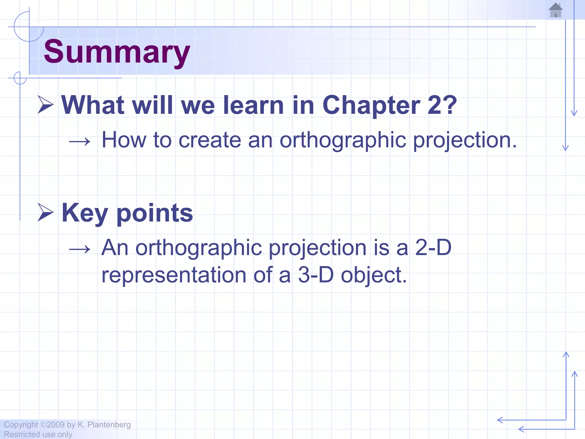 Copyright ©2009 by K. Plantenberg
Restricted use only
Summary
 What will we learn in Chapter 2?
→ How to create an orthographic projection.
 Key points
→ An orthographic projection is a 2-D
representation of a 3-D object.
 