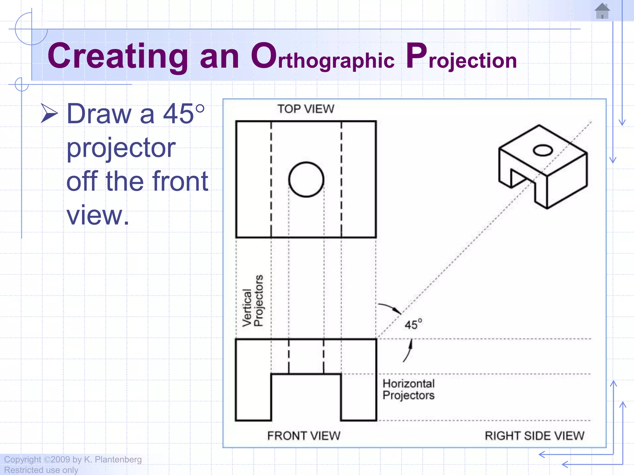 Copyright ©2009 by K. Plantenberg
Restricted use only
Creating an Orthographic Projection
 Draw a 45
projector
off the front
view.
 