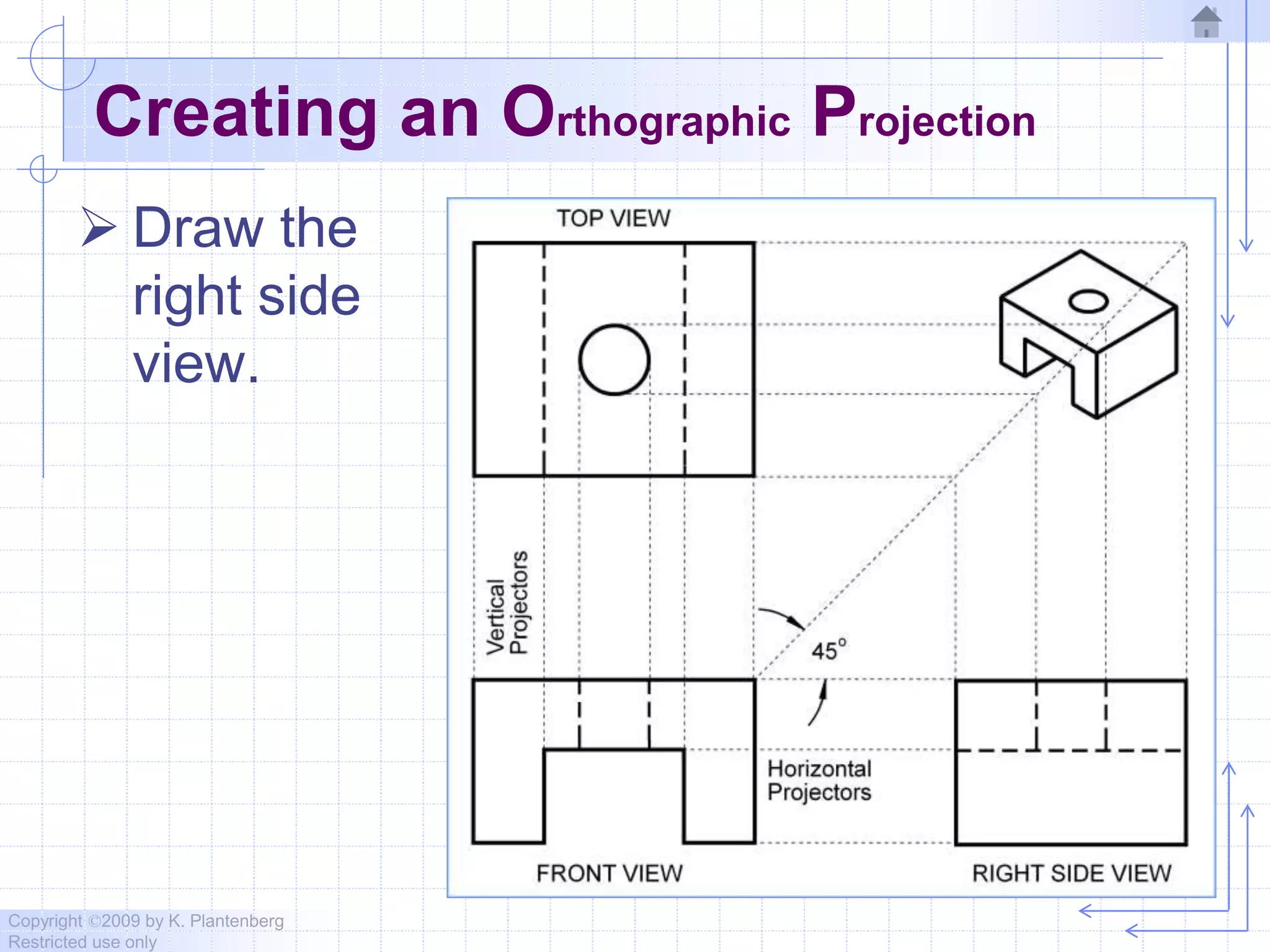 Copyright ©2009 by K. Plantenberg
Restricted use only
Creating an Orthographic Projection
 Draw the
right side
view.
 