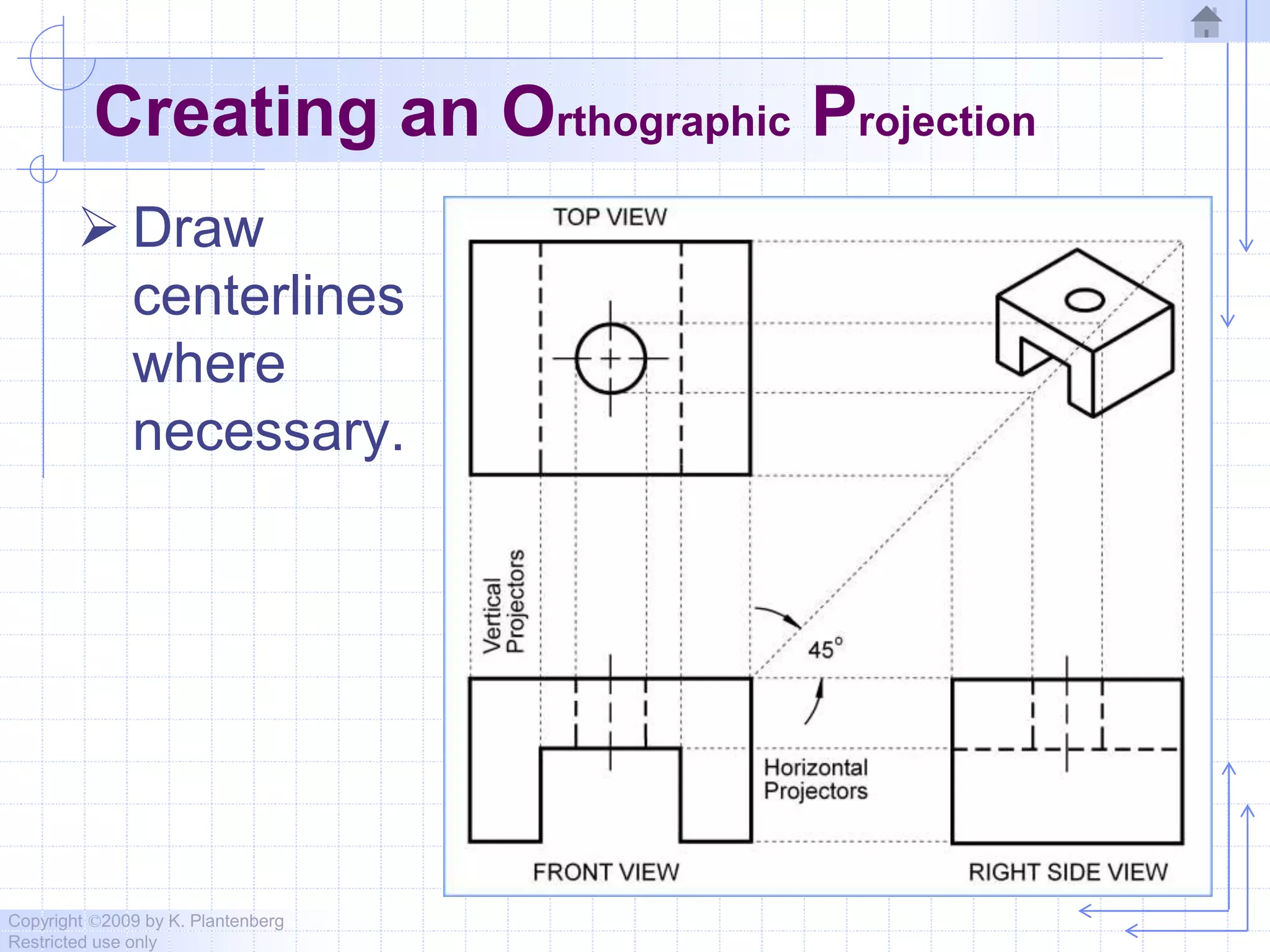 Copyright ©2009 by K. Plantenberg
Restricted use only
Creating an Orthographic Projection
 Draw
centerlines
where
necessary.
 