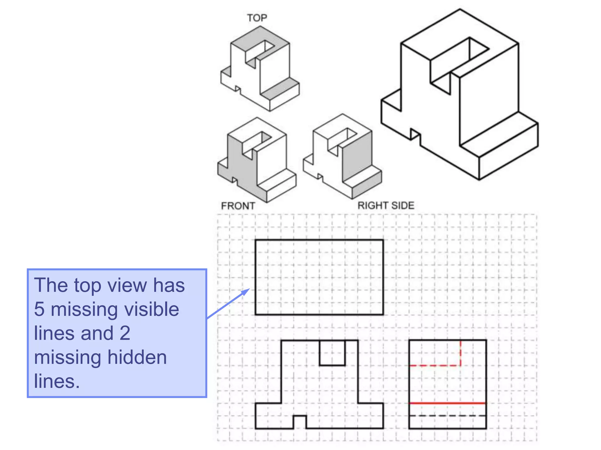 The top view has
5 missing visible
lines and 2
missing hidden
lines.
 
