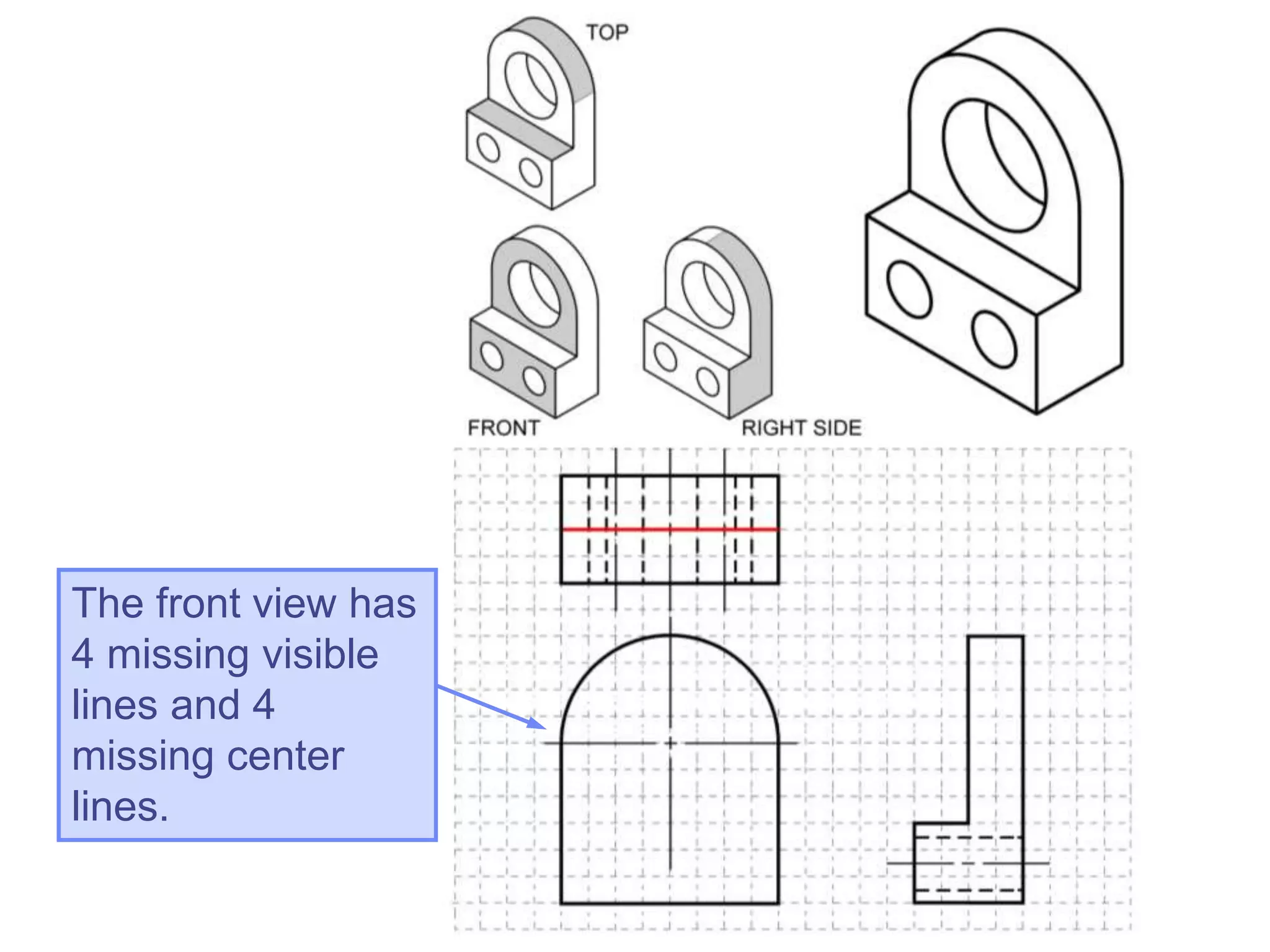 The front view has
4 missing visible
lines and 4
missing center
lines.
 