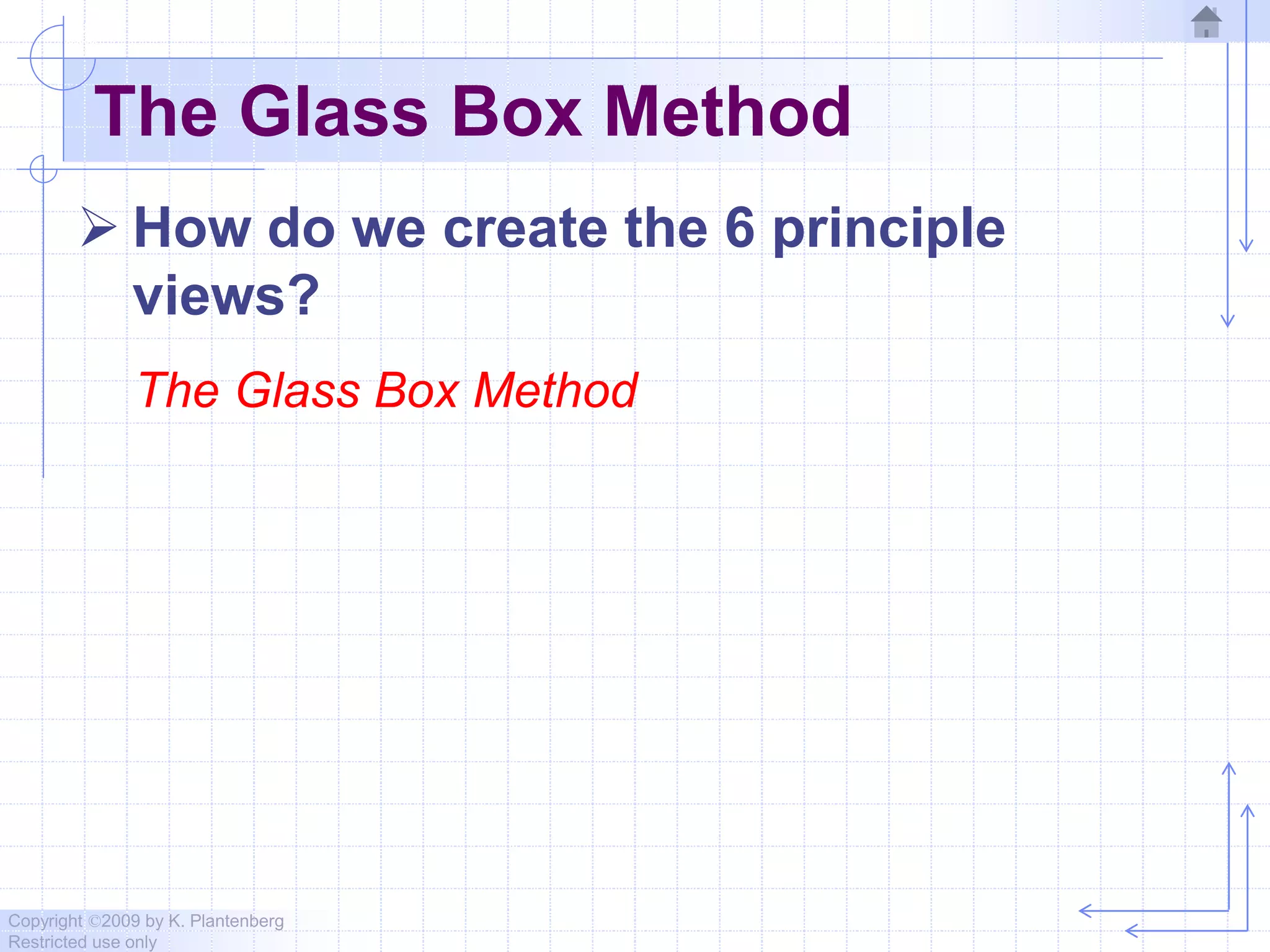 Copyright ©2009 by K. Plantenberg
Restricted use only
The Glass Box Method
 How do we create the 6 principle
views?
The Glass Box Method
 