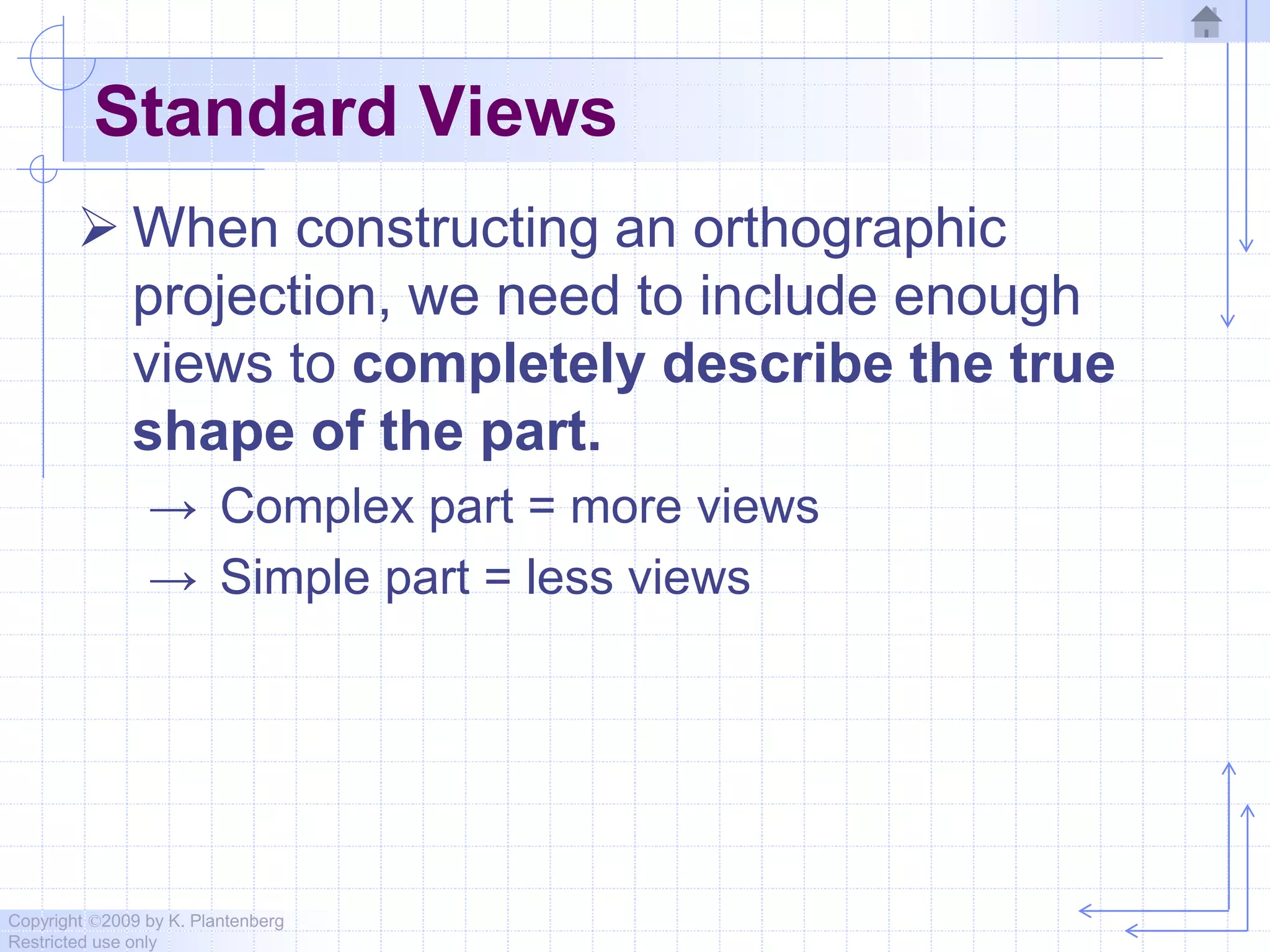 Copyright ©2009 by K. Plantenberg
Restricted use only
Standard Views
 When constructing an orthographic
projection, we need to include enough
views to completely describe the true
shape of the part.
→ Complex part = more views
→ Simple part = less views
 