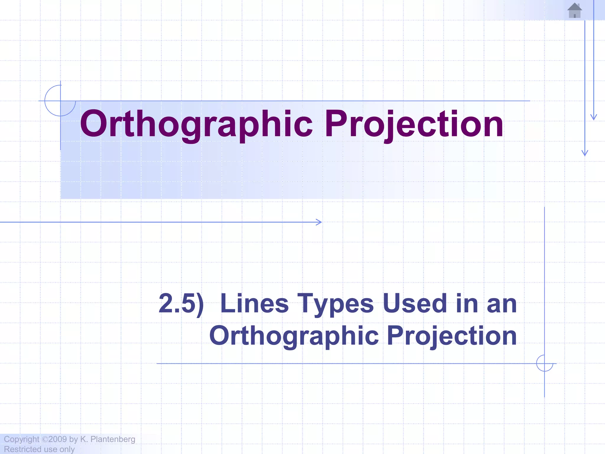 Copyright ©2009 by K. Plantenberg
Restricted use only
Orthographic Projection
2.5) Lines Types Used in an
Orthographic Projection
 