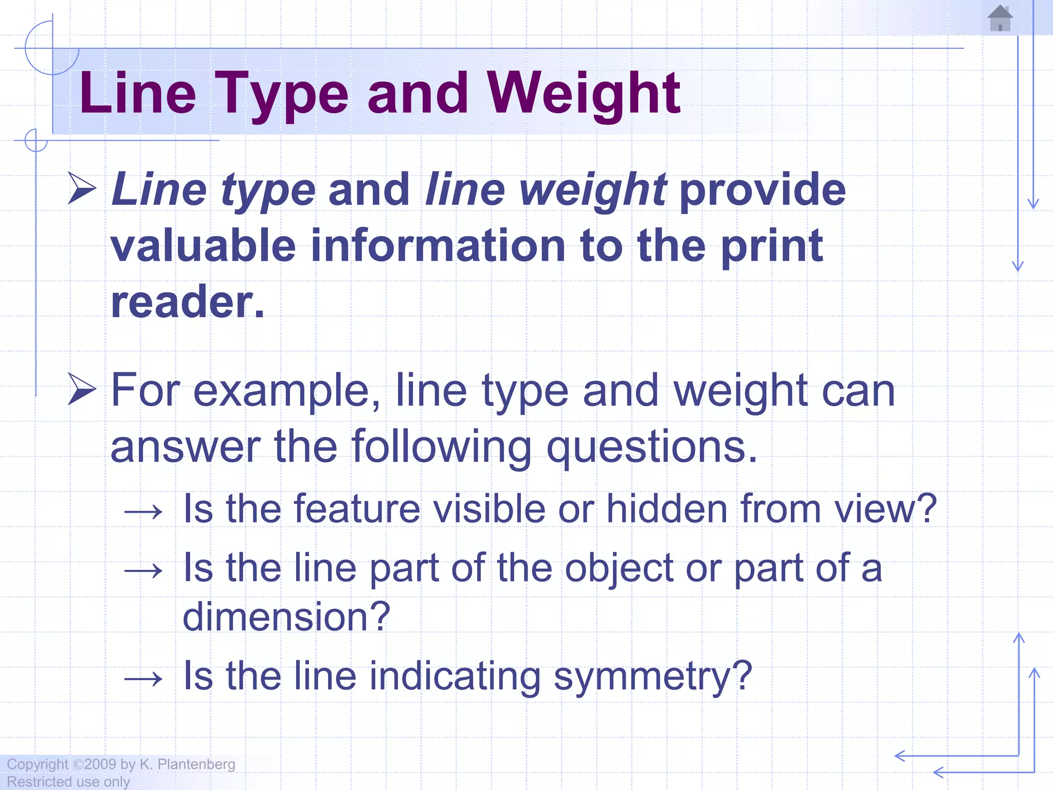 Copyright ©2009 by K. Plantenberg
Restricted use only
Line Type and Weight
 Line type and line weight provide
valuable information to the print
reader.
 For example, line type and weight can
answer the following questions.
→ Is the feature visible or hidden from view?
→ Is the line part of the object or part of a
dimension?
→ Is the line indicating symmetry?
 