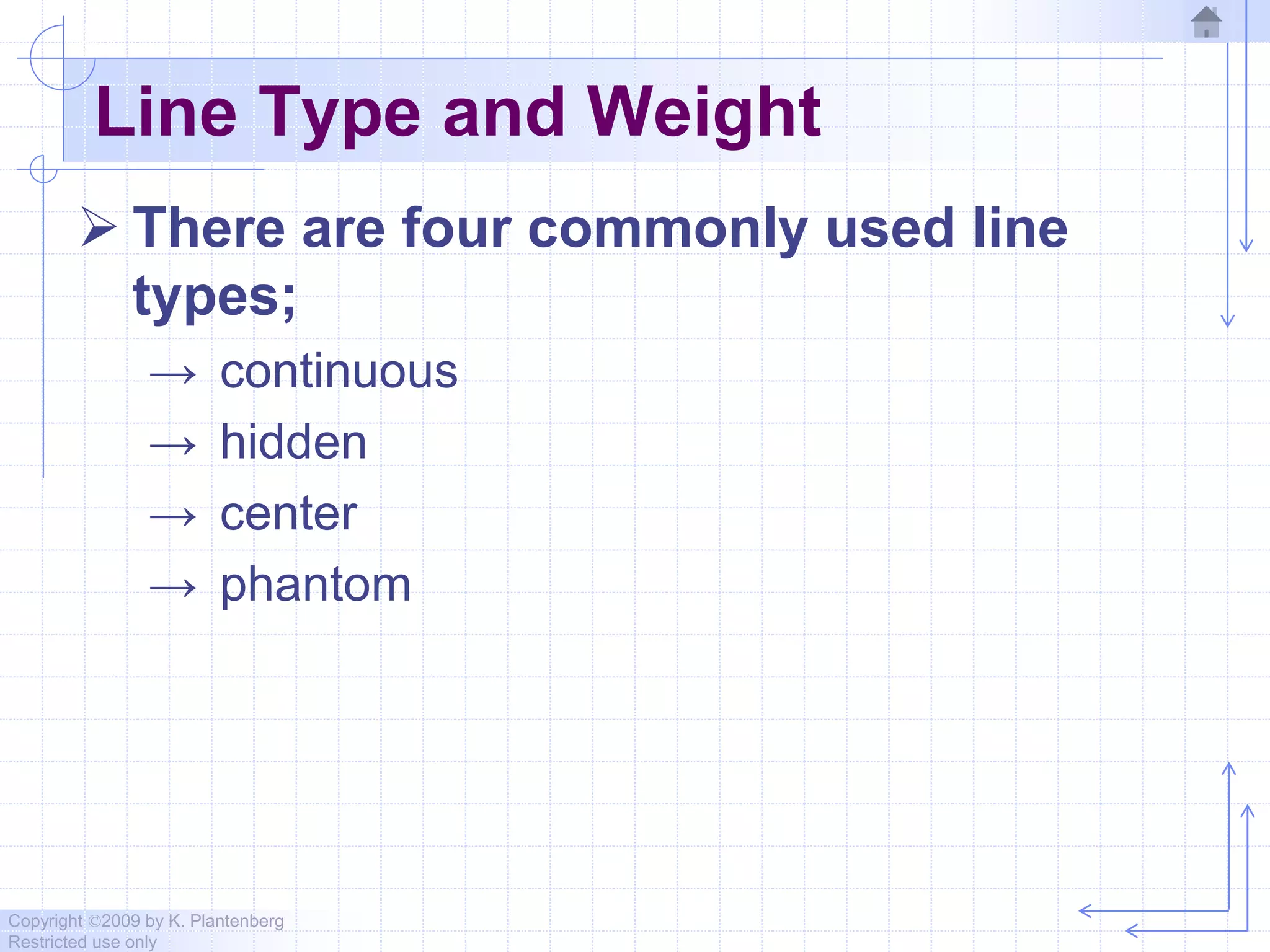 Copyright ©2009 by K. Plantenberg
Restricted use only
Line Type and Weight
 There are four commonly used line
types;
→ continuous
→ hidden
→ center
→ phantom
 