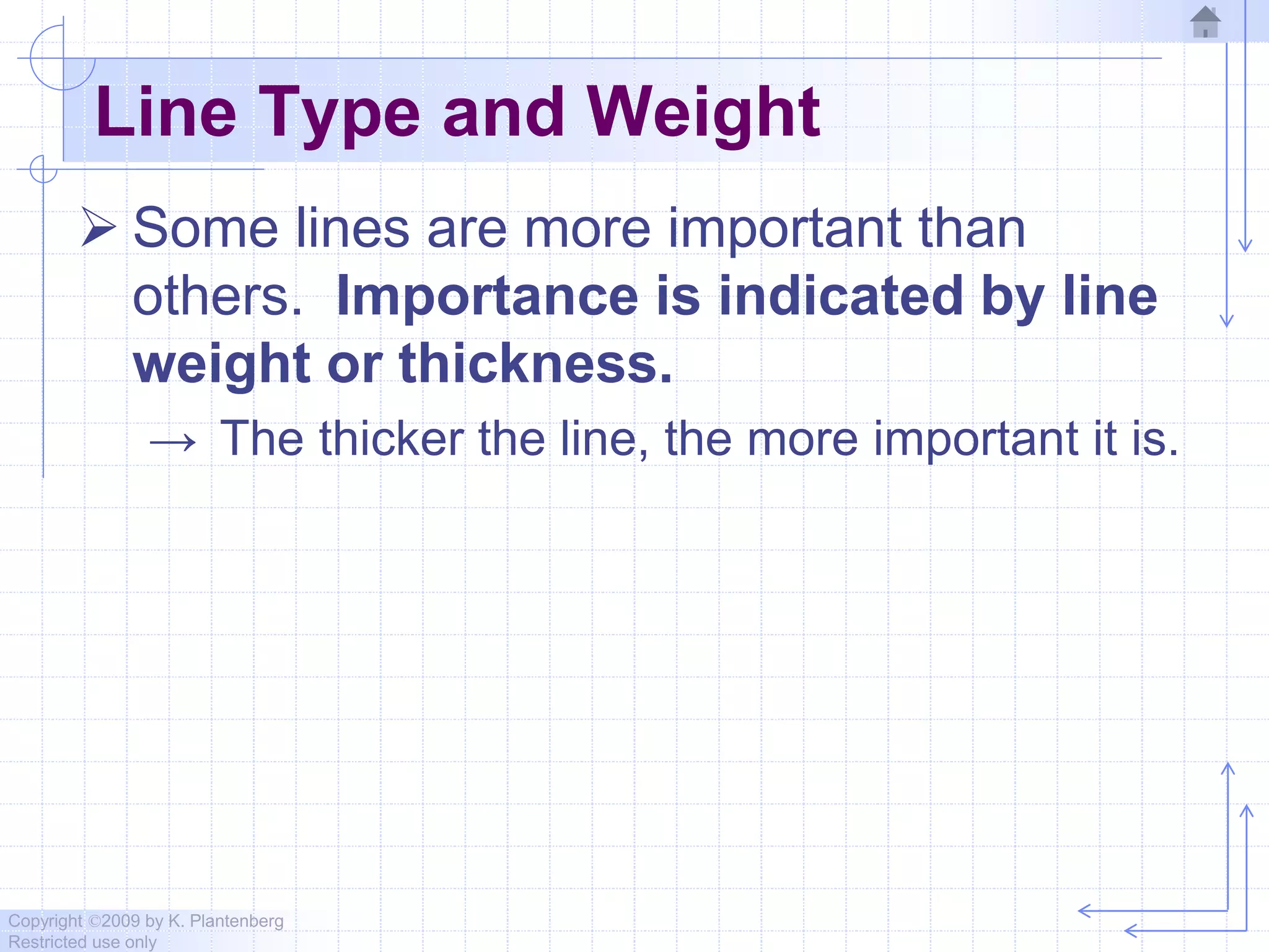 Copyright ©2009 by K. Plantenberg
Restricted use only
Line Type and Weight
 Some lines are more important than
others. Importance is indicated by line
weight or thickness.
→ The thicker the line, the more important it is.
 