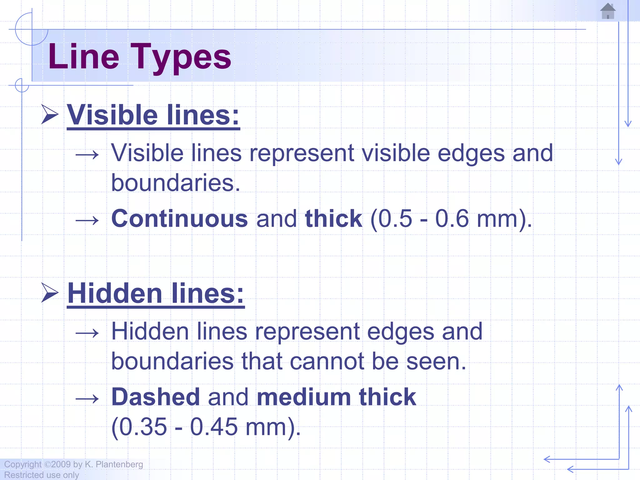 Copyright ©2009 by K. Plantenberg
Restricted use only
Line Types
 Visible lines:
→ Visible lines represent visible edges and
boundaries.
→ Continuous and thick (0.5 - 0.6 mm).
 Hidden lines:
→ Hidden lines represent edges and
boundaries that cannot be seen.
→ Dashed and medium thick
(0.35 - 0.45 mm).
 