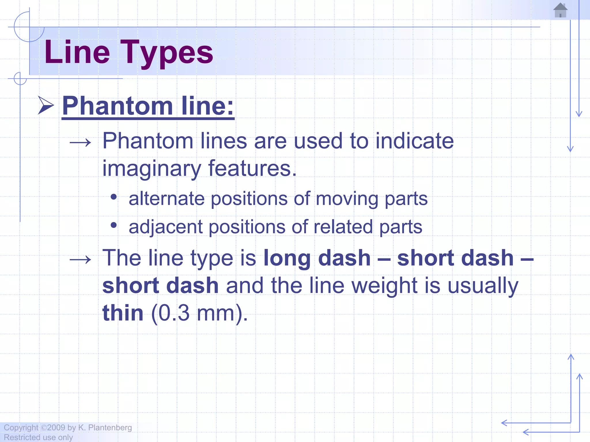 Copyright ©2009 by K. Plantenberg
Restricted use only
Line Types
 Phantom line:
→ Phantom lines are used to indicate
imaginary features.
• alternate positions of moving parts
• adjacent positions of related parts
→ The line type is long dash – short dash –
short dash and the line weight is usually
thin (0.3 mm).
 