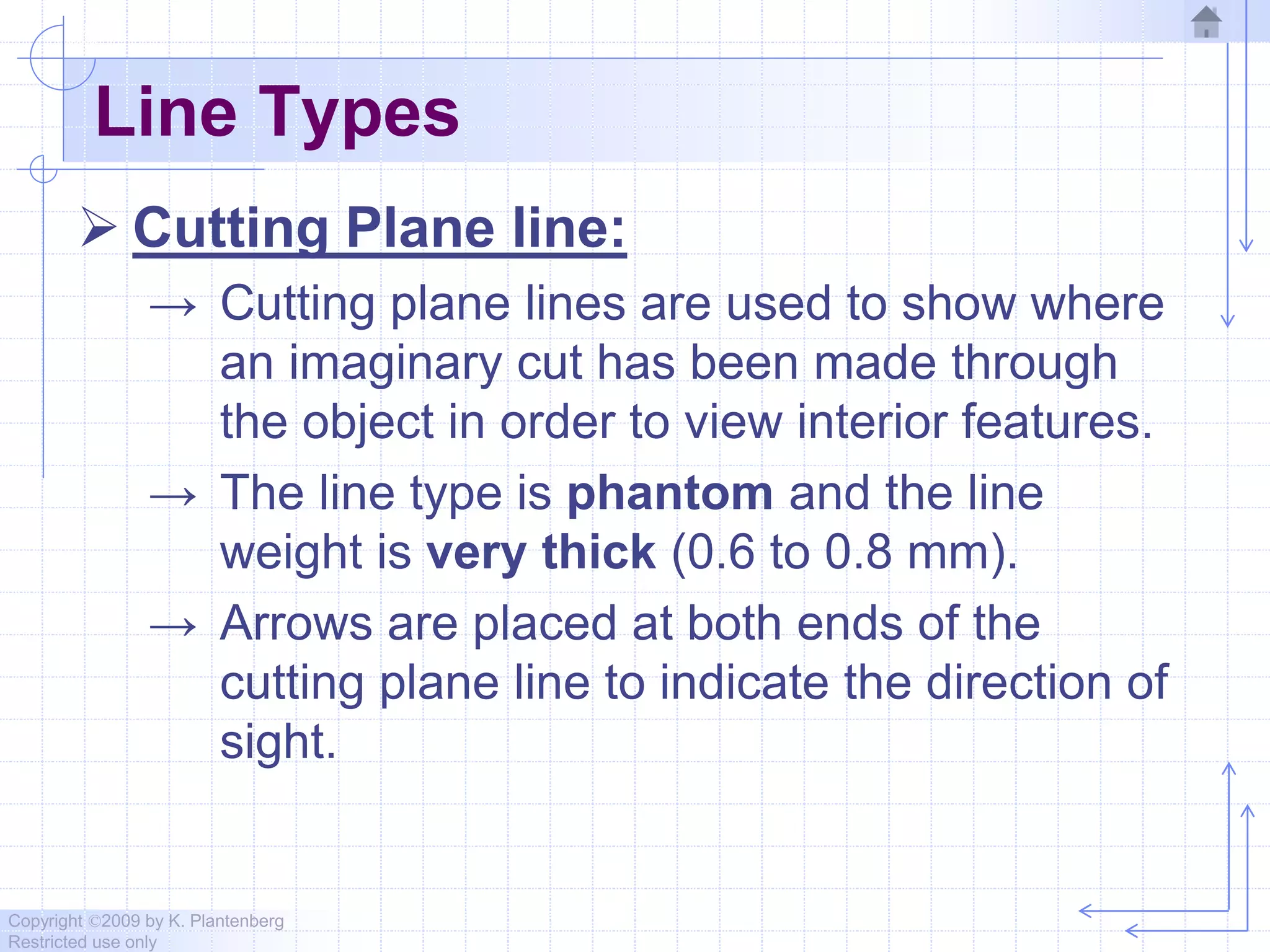 Copyright ©2009 by K. Plantenberg
Restricted use only
Line Types
 Cutting Plane line:
→ Cutting plane lines are used to show where
an imaginary cut has been made through
the object in order to view interior features.
→ The line type is phantom and the line
weight is very thick (0.6 to 0.8 mm).
→ Arrows are placed at both ends of the
cutting plane line to indicate the direction of
sight.
 