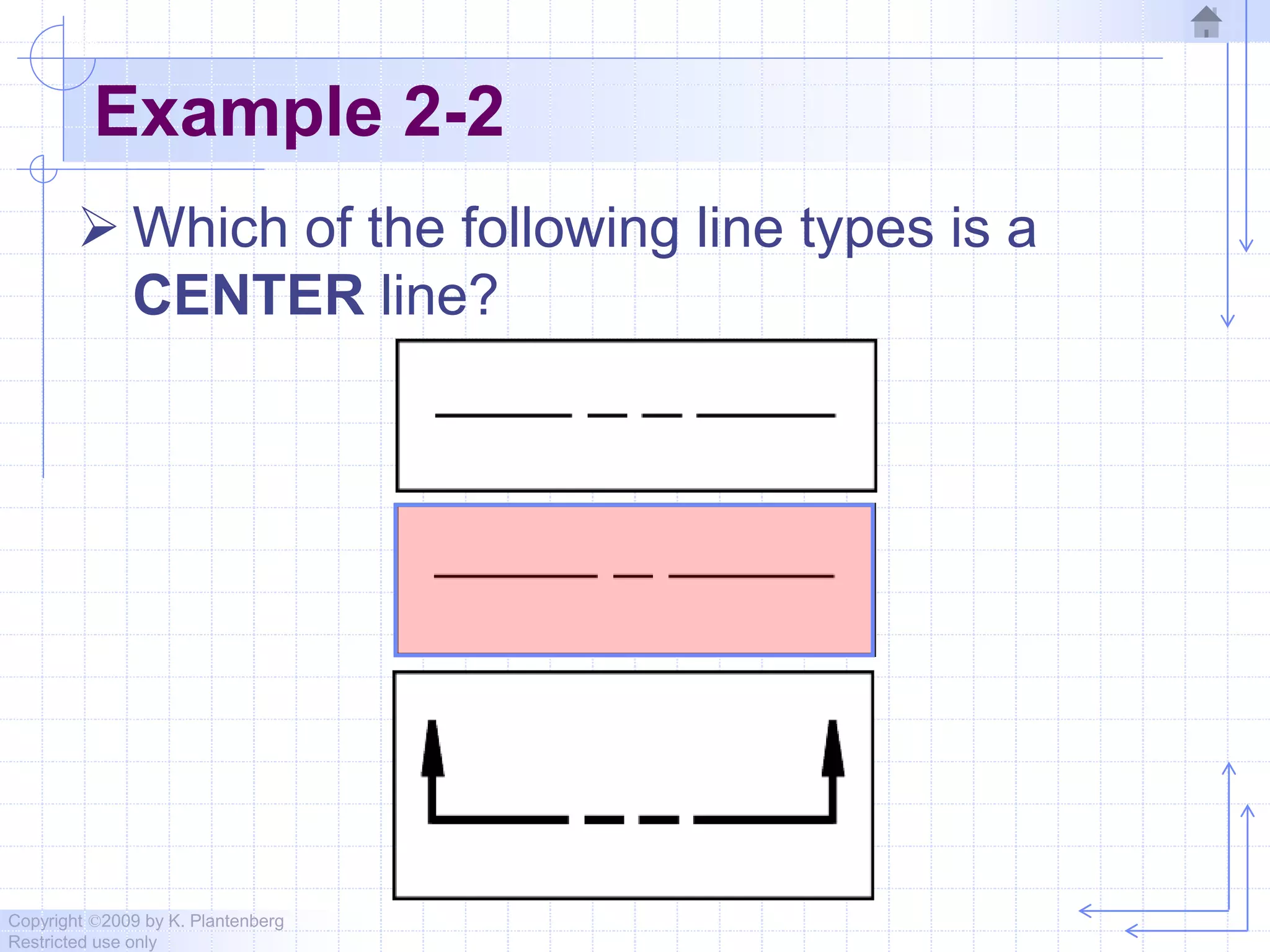Copyright ©2009 by K. Plantenberg
Restricted use only
Example 2-2
 Which of the following line types is a
CENTER line?
 