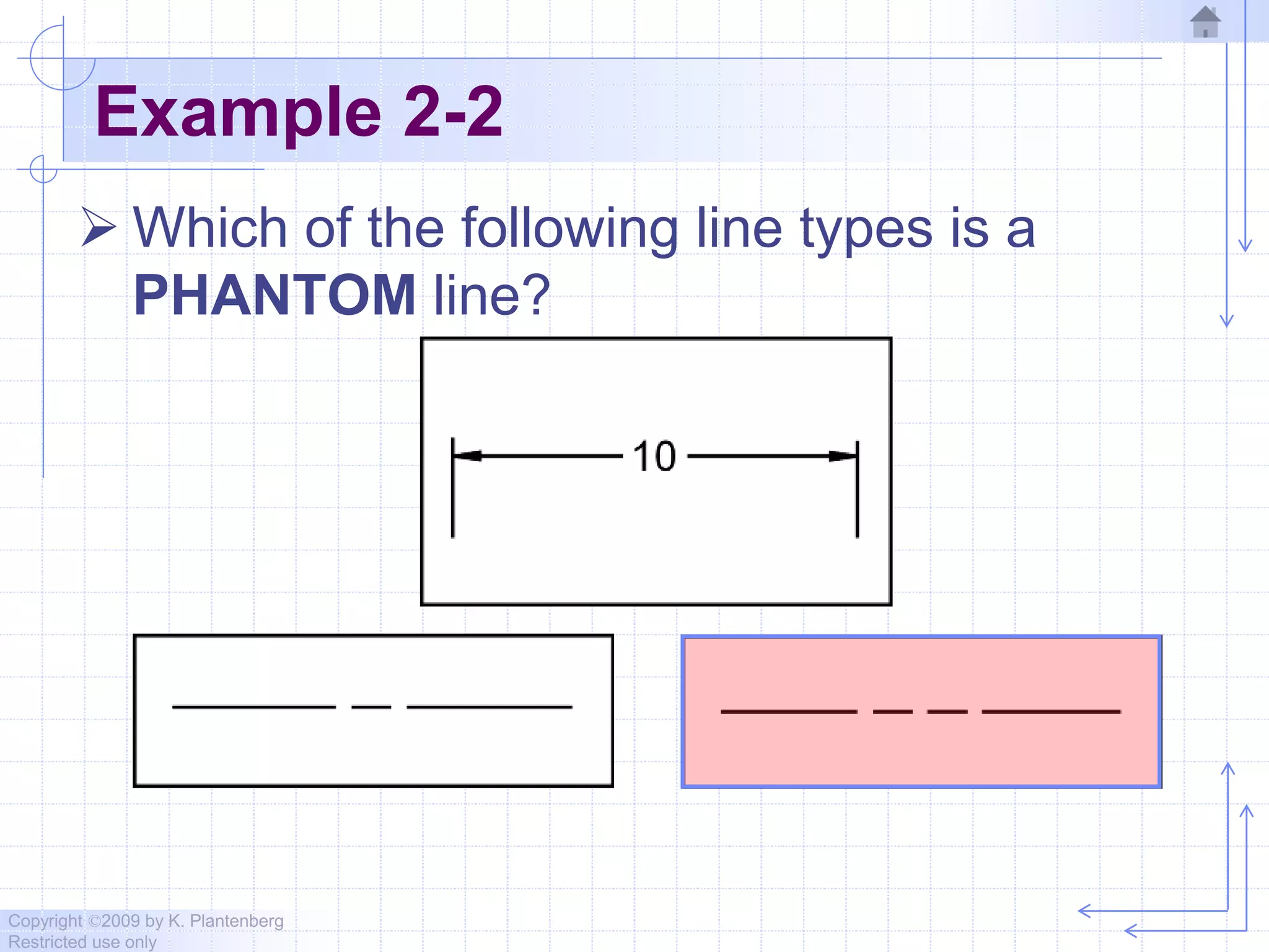 Copyright ©2009 by K. Plantenberg
Restricted use only
Example 2-2
 Which of the following line types is a
PHANTOM line?
 