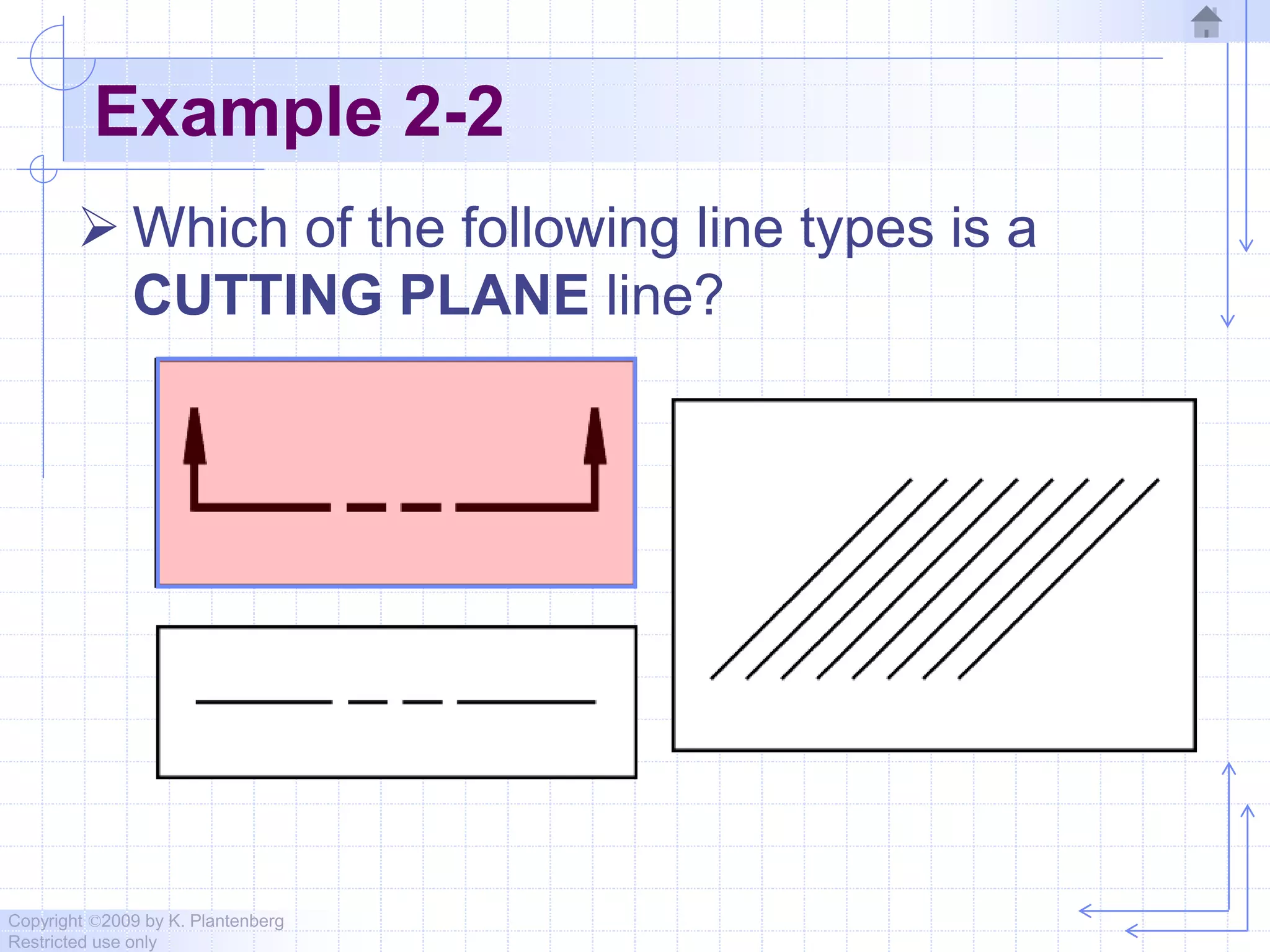 Copyright ©2009 by K. Plantenberg
Restricted use only
Example 2-2
 Which of the following line types is a
CUTTING PLANE line?
 
