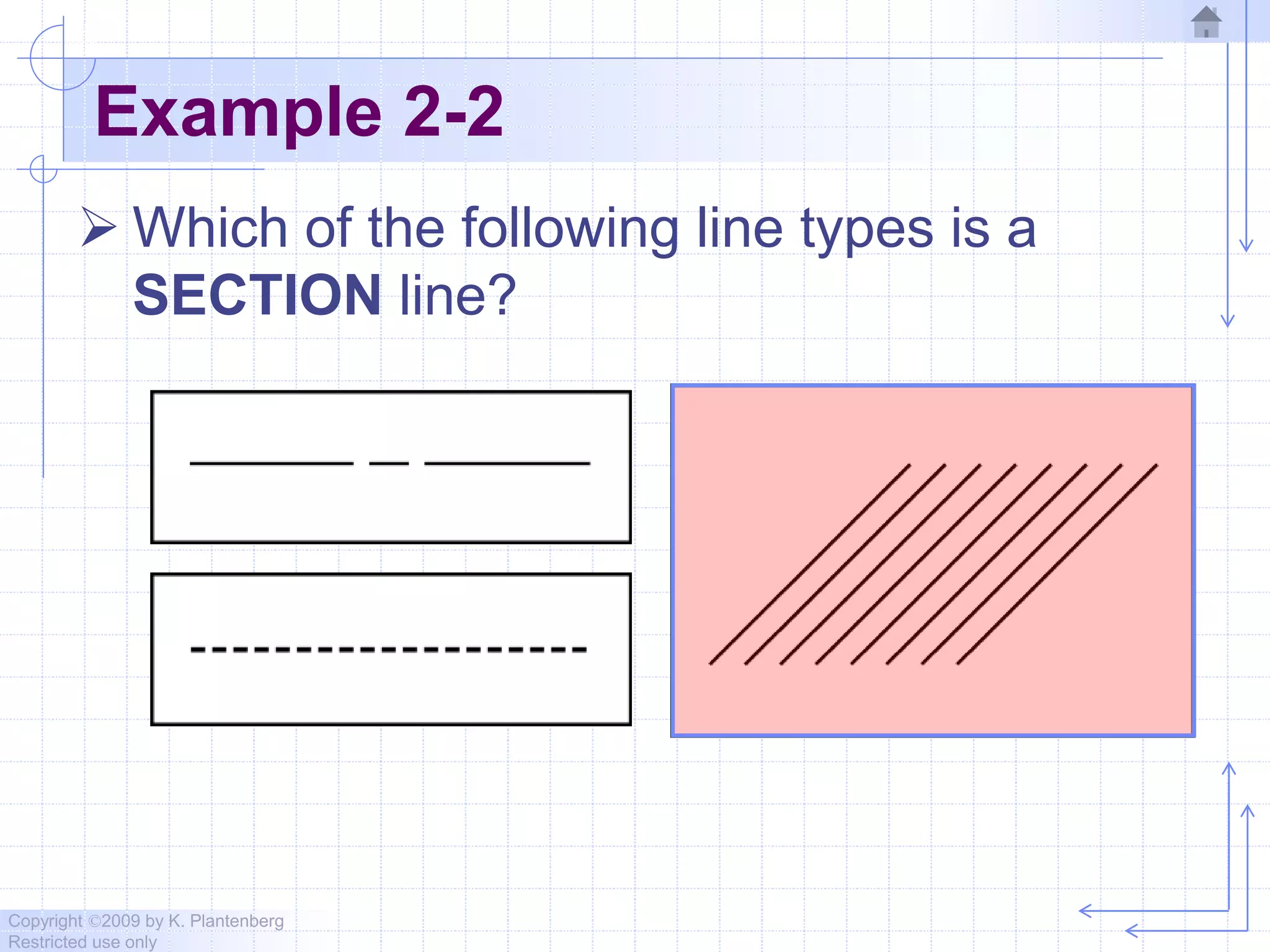 Copyright ©2009 by K. Plantenberg
Restricted use only
Example 2-2
 Which of the following line types is a
SECTION line?
 