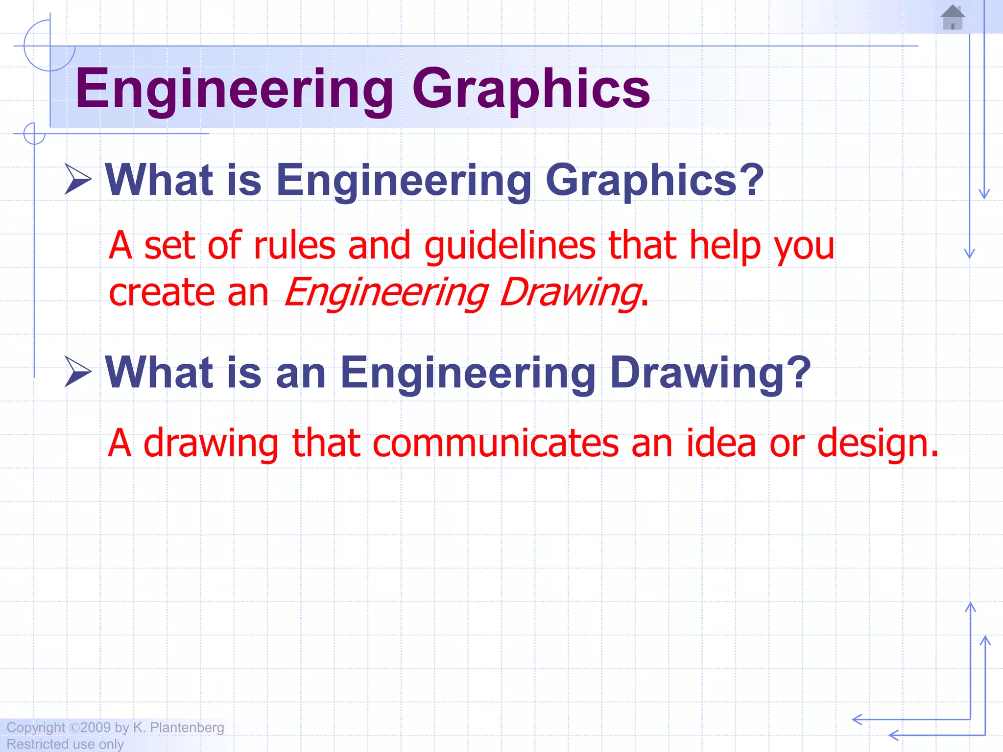 Copyright ©2009 by K. Plantenberg
Restricted use only
Engineering Graphics
 What is Engineering Graphics?
 What is an Engineering Drawing?
A drawing that communicates an idea or design.
A set of rules and guidelines that help you
create an Engineering Drawing.
 