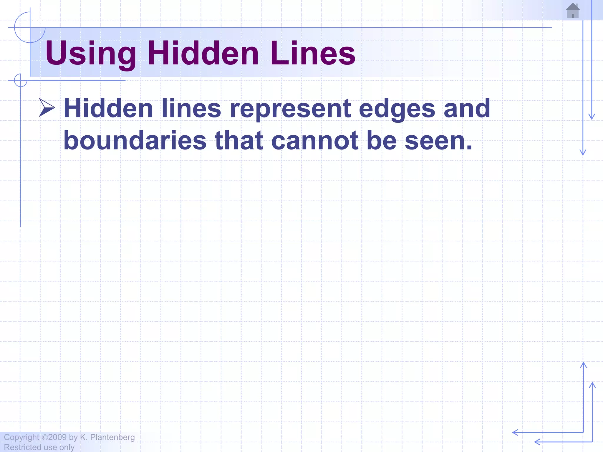 Copyright ©2009 by K. Plantenberg
Restricted use only
Using Hidden Lines
 Hidden lines represent edges and
boundaries that cannot be seen.
 