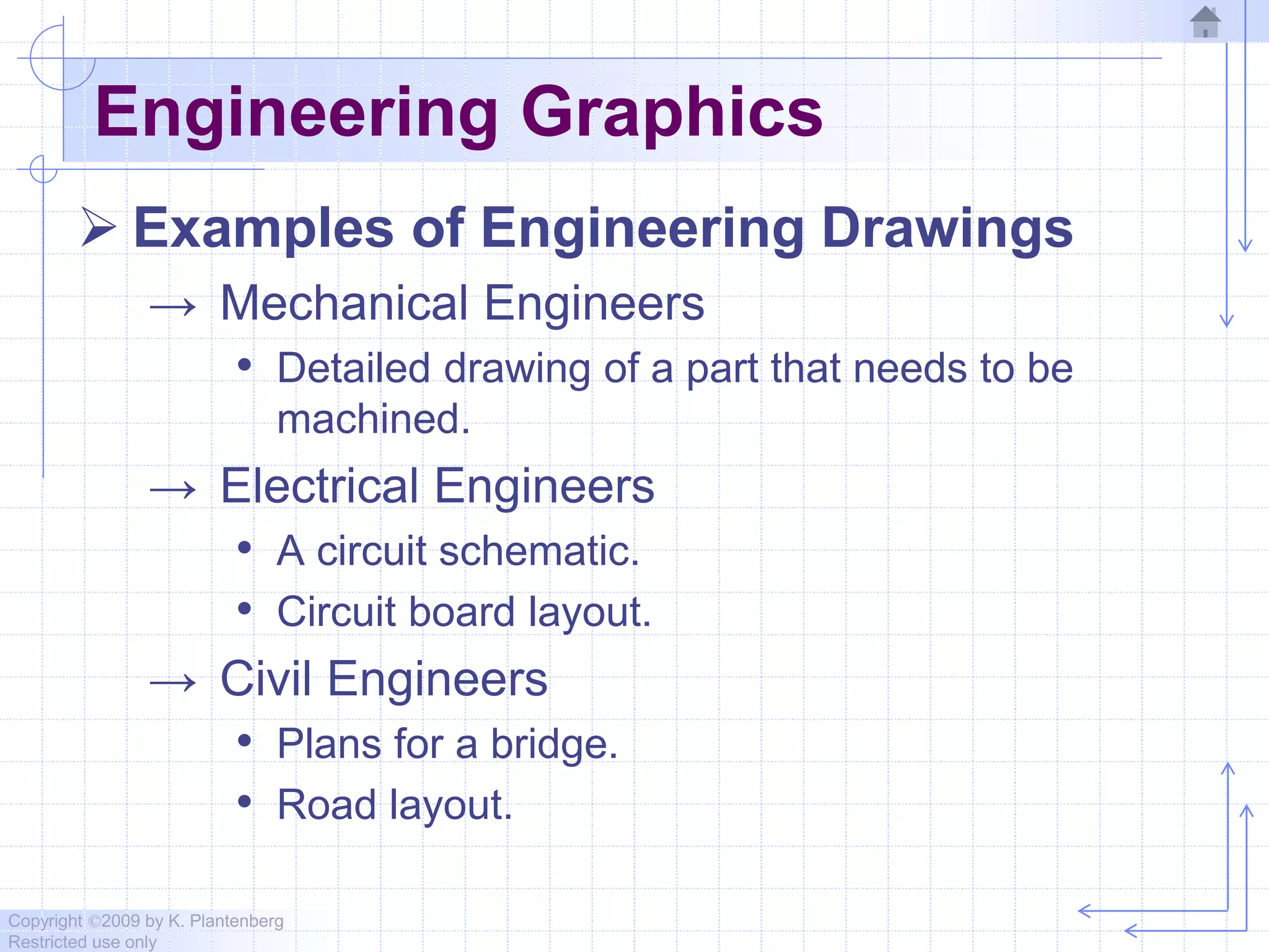 Copyright ©2009 by K. Plantenberg
Restricted use only
Engineering Graphics
 Examples of Engineering Drawings
→ Mechanical Engineers
• Detailed drawing of a part that needs to be
machined.
→ Electrical Engineers
• A circuit schematic.
• Circuit board layout.
→ Civil Engineers
• Plans for a bridge.
• Road layout.
 