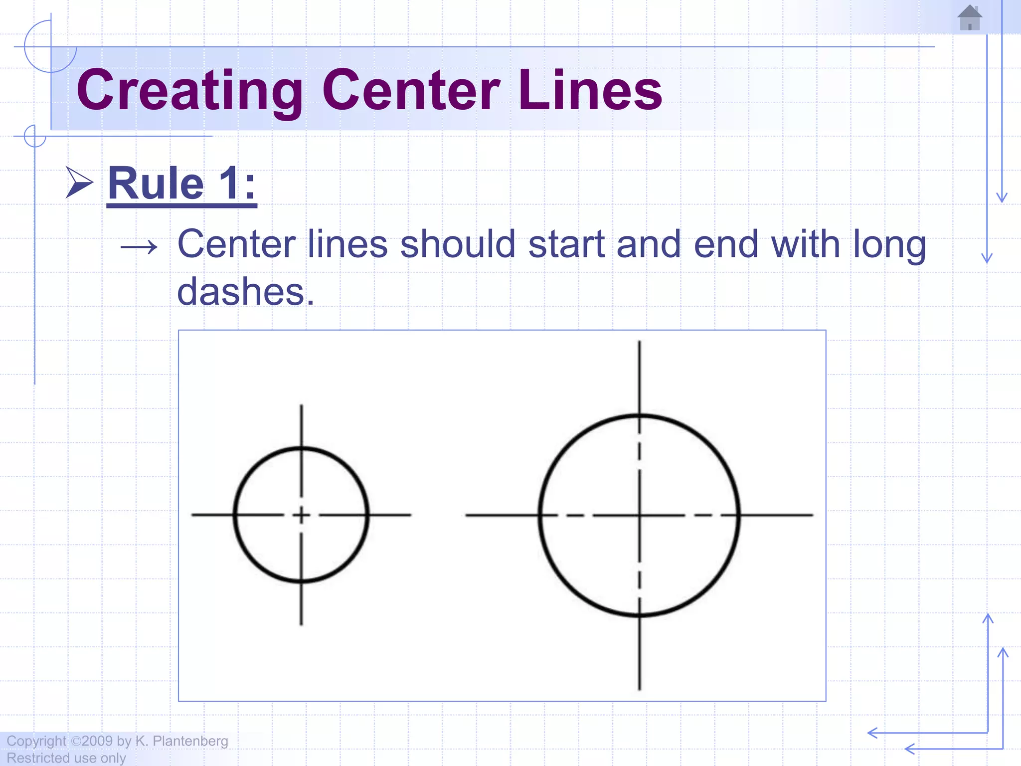 Copyright ©2009 by K. Plantenberg
Restricted use only
Creating Center Lines
 Rule 1:
→ Center lines should start and end with long
dashes.
 