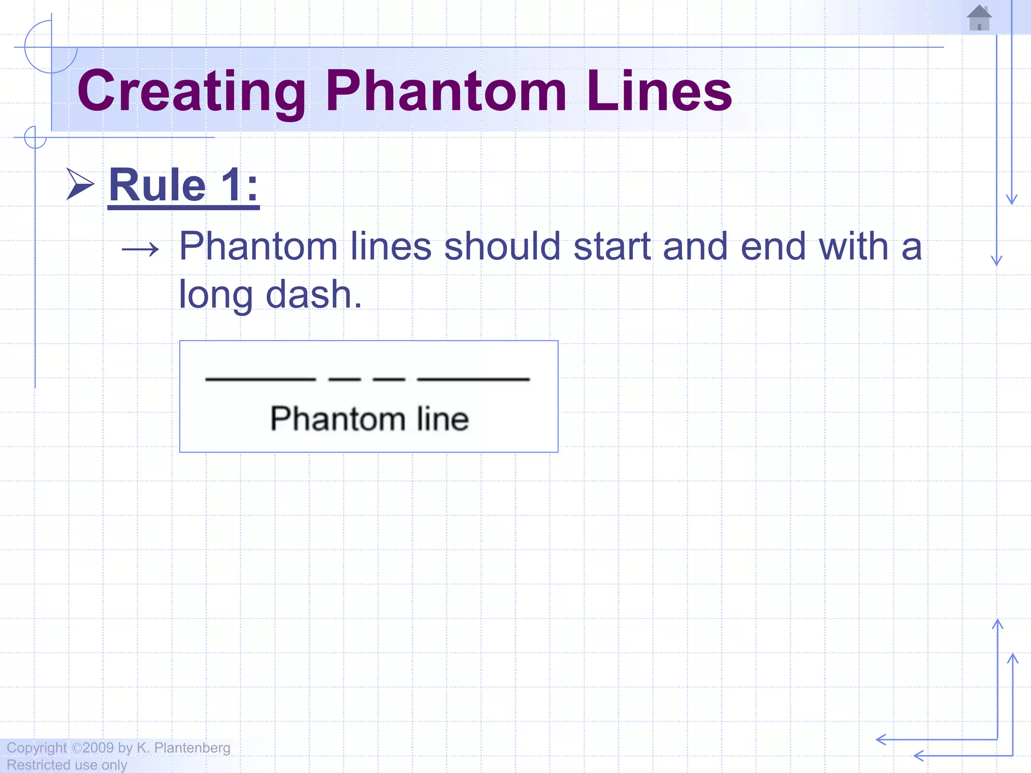 Copyright ©2009 by K. Plantenberg
Restricted use only
Creating Phantom Lines
 Rule 1:
→ Phantom lines should start and end with a
long dash.
 