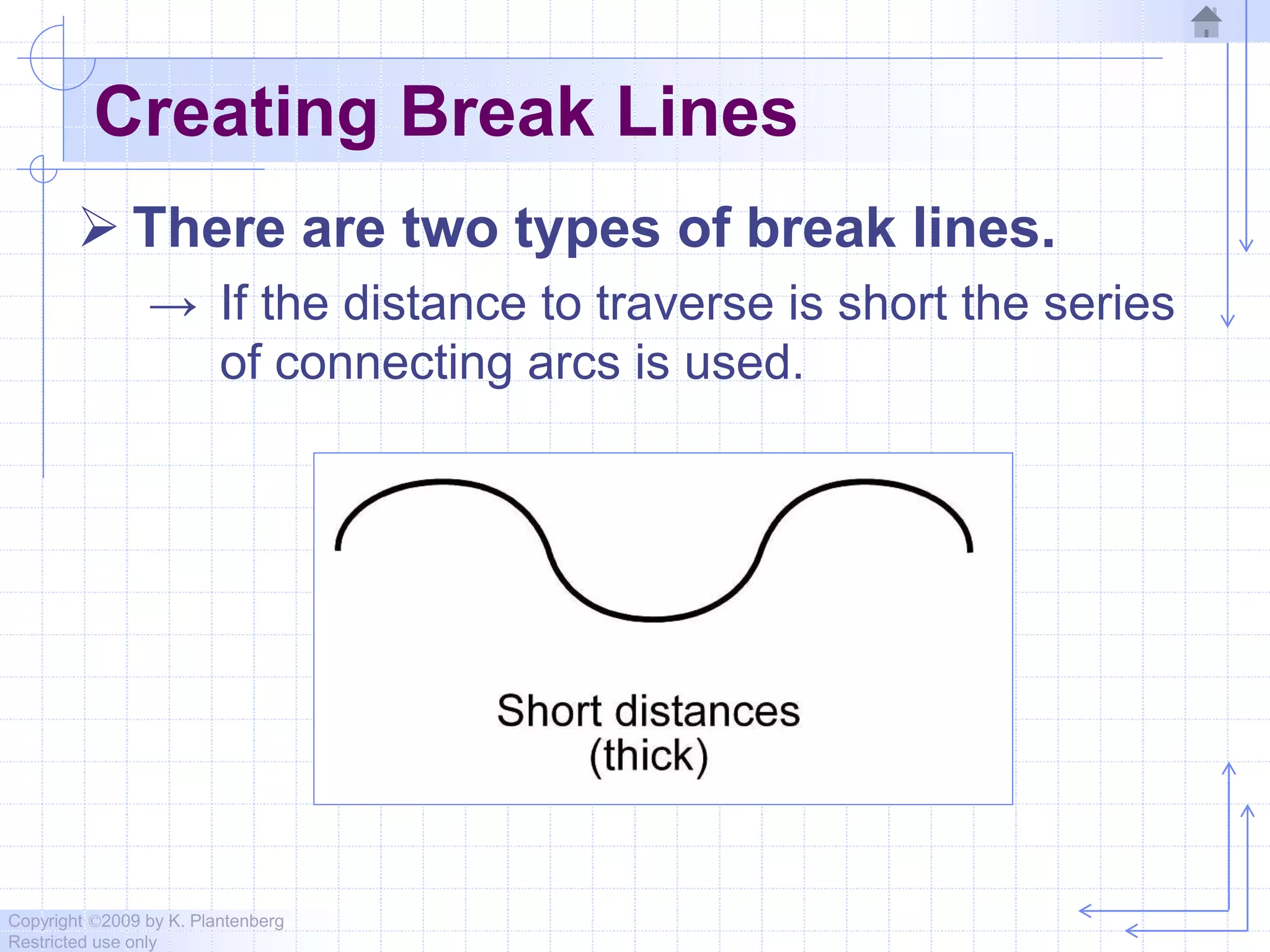 Copyright ©2009 by K. Plantenberg
Restricted use only
Creating Break Lines
 There are two types of break lines.
→ If the distance to traverse is short the series
of connecting arcs is used.
 