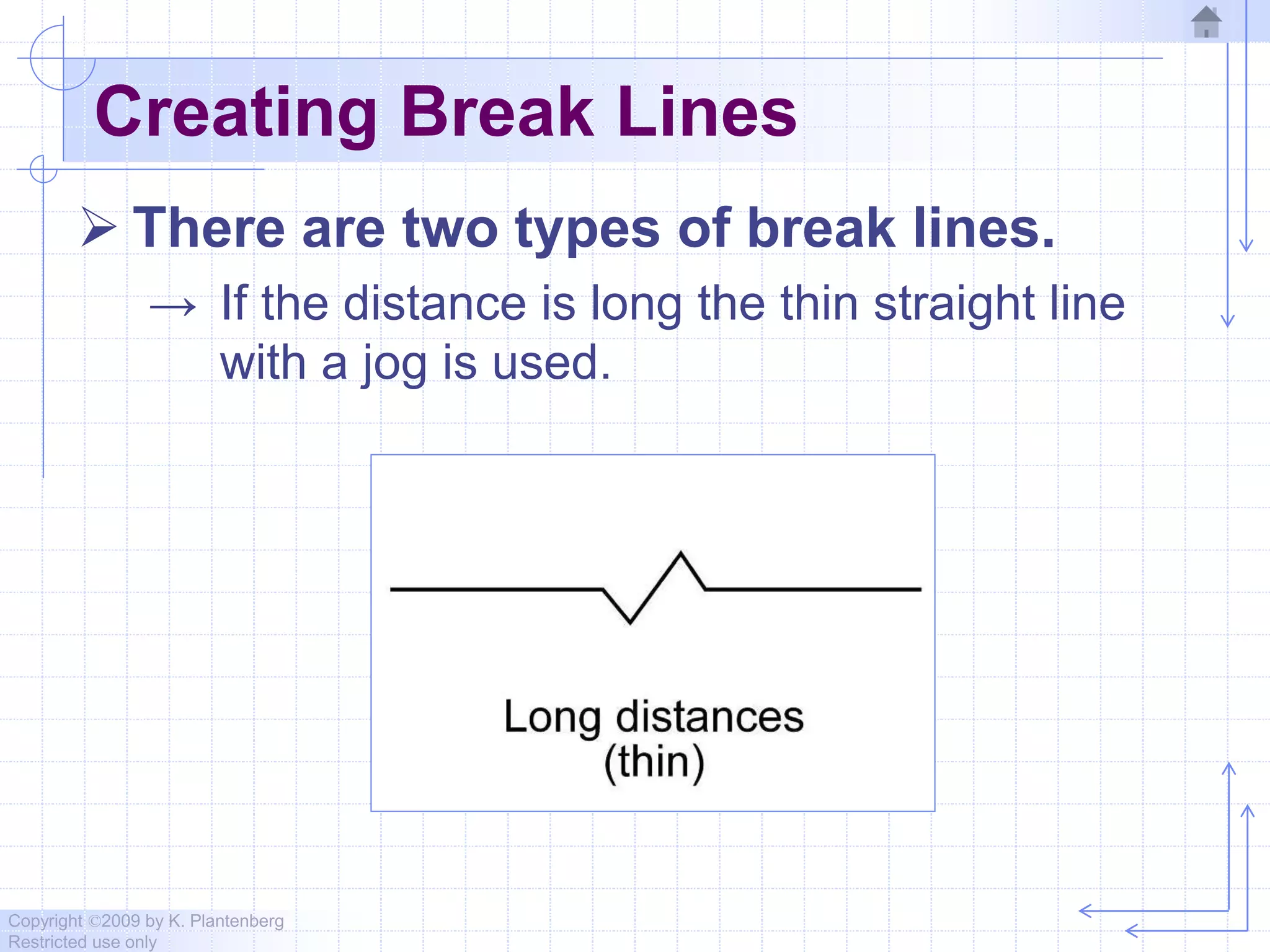 Copyright ©2009 by K. Plantenberg
Restricted use only
Creating Break Lines
 There are two types of break lines.
→ If the distance is long the thin straight line
with a jog is used.
 