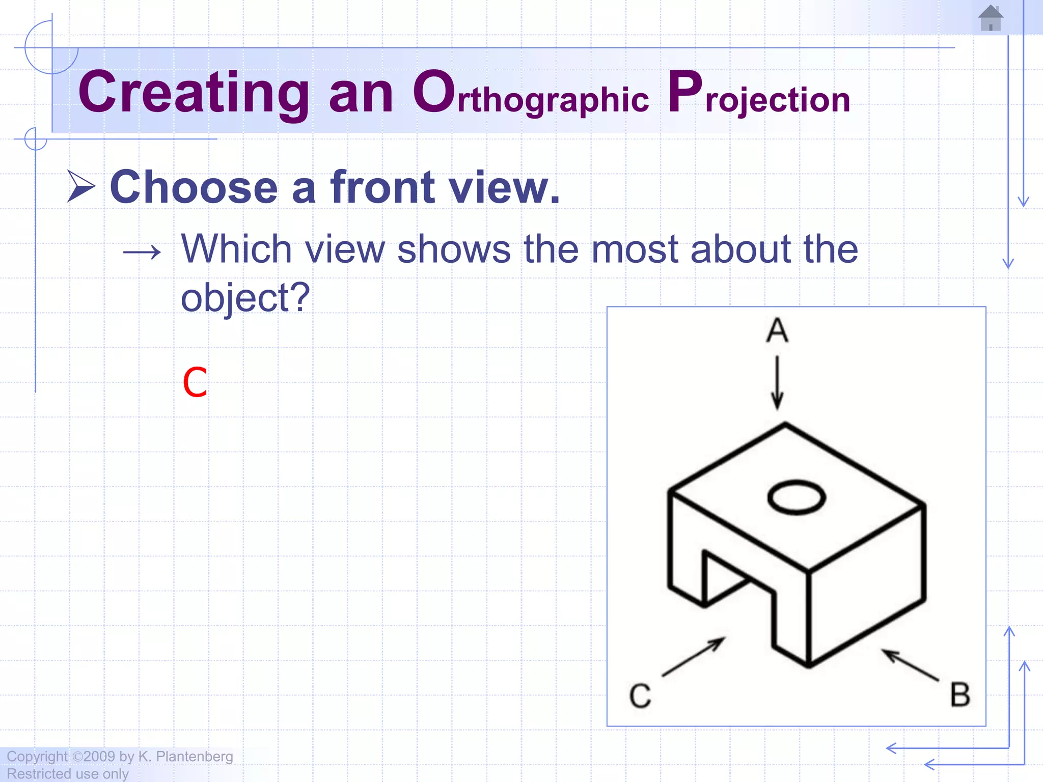 Copyright ©2009 by K. Plantenberg
Restricted use only
Creating an Orthographic Projection
 Choose a front view.
→ Which view shows the most about the
object?
C
 