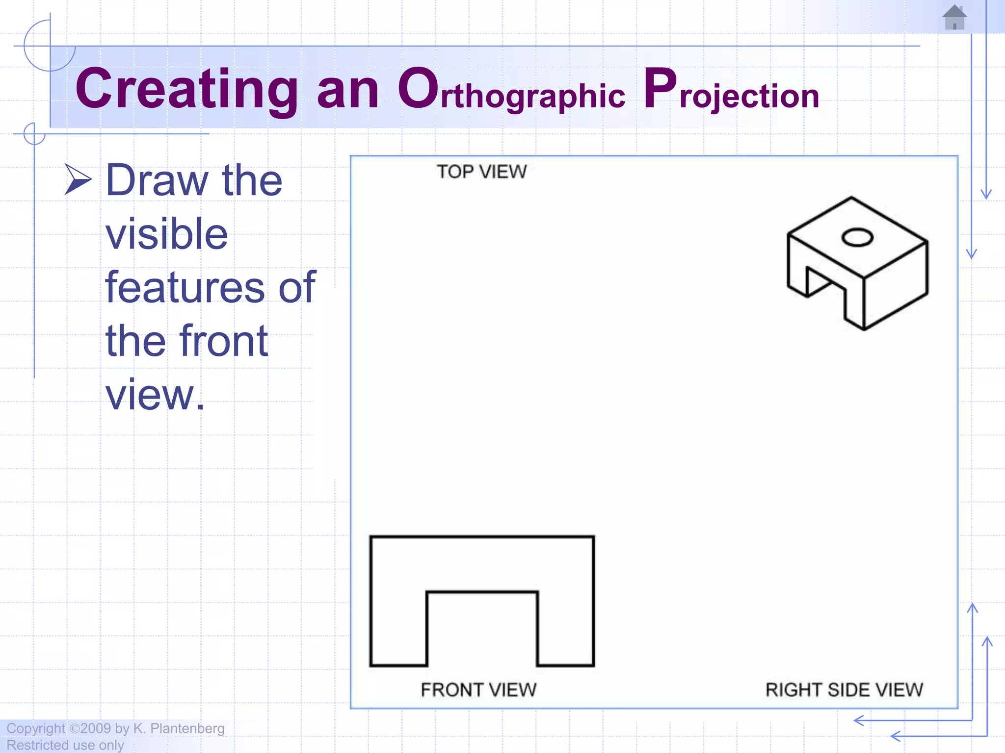 Copyright ©2009 by K. Plantenberg
Restricted use only
Creating an Orthographic Projection
 Draw the
visible
features of
the front
view.
 