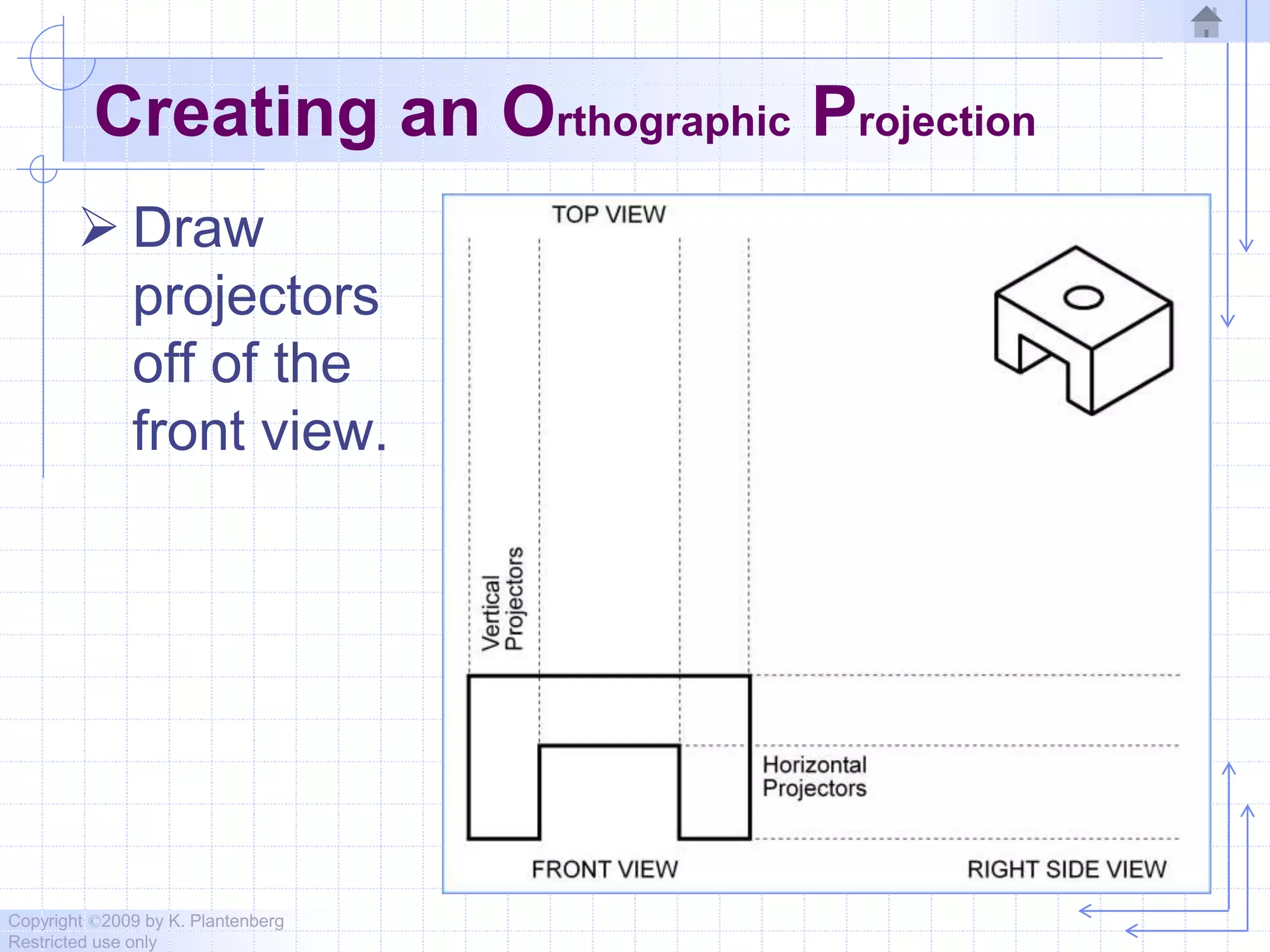 Copyright ©2009 by K. Plantenberg
Restricted use only
Creating an Orthographic Projection
 Draw
projectors
off of the
front view.
 