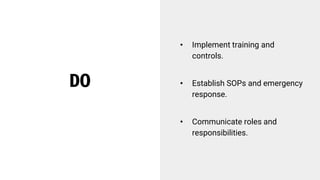 DO
• Implement training and
controls.
• Establish SOPs and emergency
response.
• Communicate roles and
responsibilities.
 