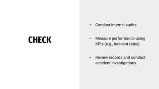 CHECK
• Conduct internal audits.
• Measure performance using
KPIs (e.g., incident rates).
• Review records and conduct
accident investigations.
 
