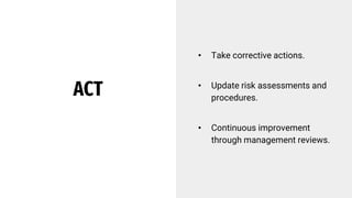 ACT
• Take corrective actions.
• Update risk assessments and
procedures.
• Continuous improvement
through management reviews.
 