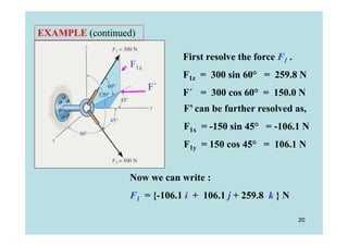 EXAMPLE (continued)

                             First resolve the force F1 .
                 F1z
                             F1z = 300 sin 60° = 259.8 N
                       F´
                             F´ = 300 cos 60° = 150.0 N
                             F’ can be further resolved as,
                             F1x = -150 sin 45° = -106.1 N
                             F1y = 150 cos 45° = 106.1 N


                 Now we can write :
                 F1 = {-106.1 i + 106.1 j + 259.8 k } N

                                                            20
 