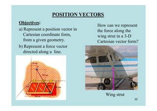 POSITION VECTORS
Objectives:
                                    How can we represent
a) Represent a position vector in   the force along the
   Cartesian coordinate form,       wing strut in a 3-D
   from a given geometry.           Cartesian vector form?
b) Represent a force vector
   directed along a line.




                                        Wing strut
                                                        22
 