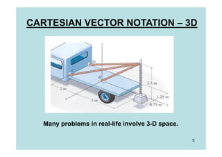 CARTESIAN VECTOR NOTATION – 3D




  Many problems in real-life involve 3-D space.

                                                  5
 
